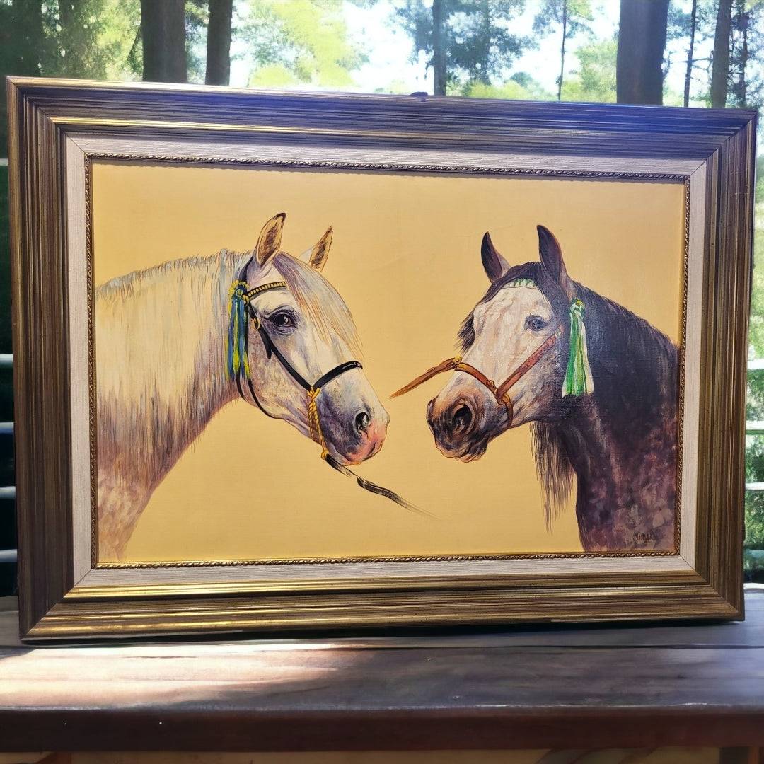 Óleo de Caballos Cartujanos por J. Lara - Cositas Antiguas – La Guadaña, Anticuarios Online en Jerez , vender antigüedades, muebles antiguos