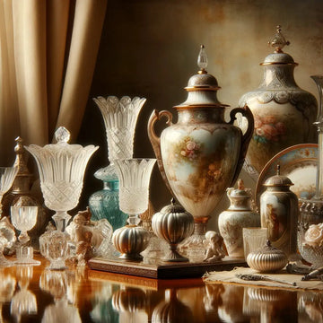 Piezas antiguas de metal como candelabros y jarras que contrastan con colecciones delicadas de cristal tallado, cerámica decorativa y porcelana fina de época.