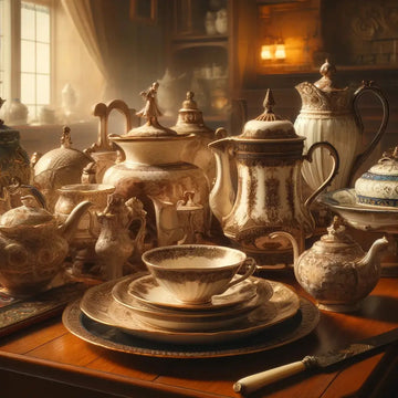 Bandeja labrada, candelabro y jarra de alpaca antigua sobre fondo de madera, evocando vajillas, juegos de té y café clásicos en plata, porcelana y metal vintage.