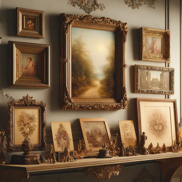 Objetos antiguos en metal sobre fondo cálido, con luz tenue y composición artística que recuerda la estética de óleos, acuarelas y grabados antiguos de inspiración clásica.