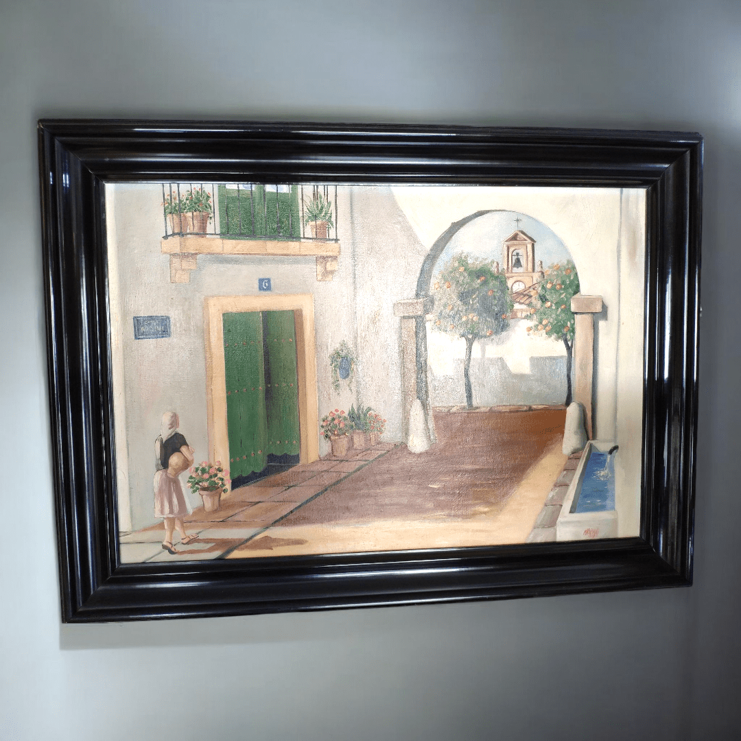 Óleo de paisaje de pueblo – Arte rural con encanto - Cositas Antiguas – La Guadaña, Anticuarios Online en Jerez , vender antigüedades, muebles antiguos