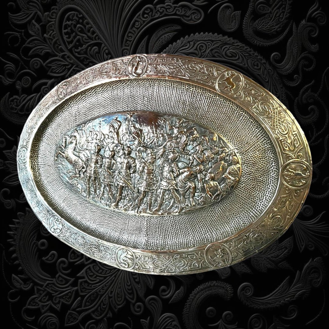 Bandeja Greca Renacentista en Cobre Plateado Ovalada - Cositas Antiguas – La Guadaña, Anticuarios Online en Jerez , vender antigüedades, muebles antiguos