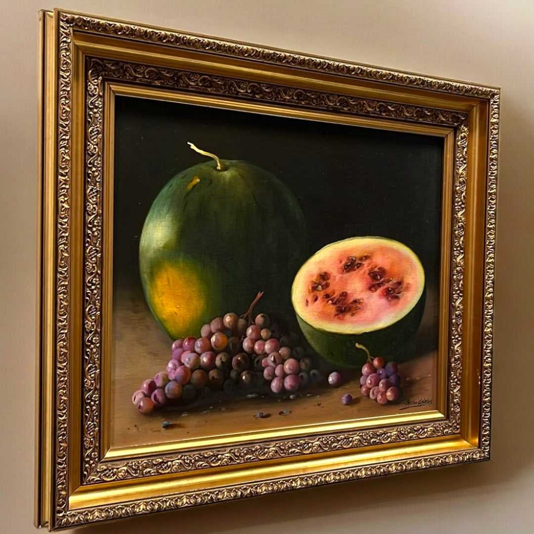 Óleo de Bodegón de Ceballos - Sandías y Uvas - Cositas Antiguas – La Guadaña, Anticuarios Online en Jerez , vender antigüedades, muebles antiguos