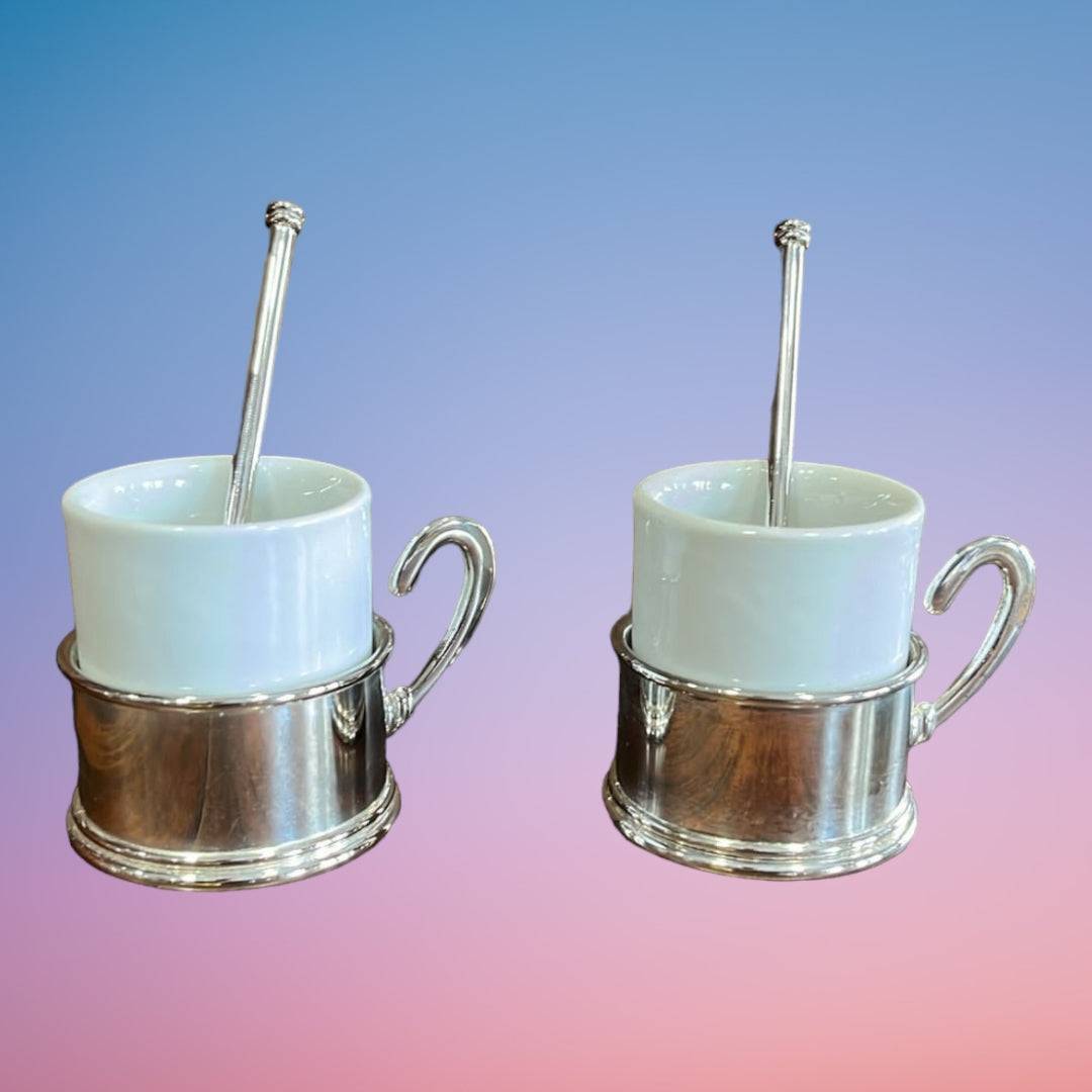 Juego de tazas de té Terno Siglo XX en acero y porcelana. - Cositas Antiguas – La Guadaña, Anticuarios Online en Jerez , vender antigüedades, muebles antiguos