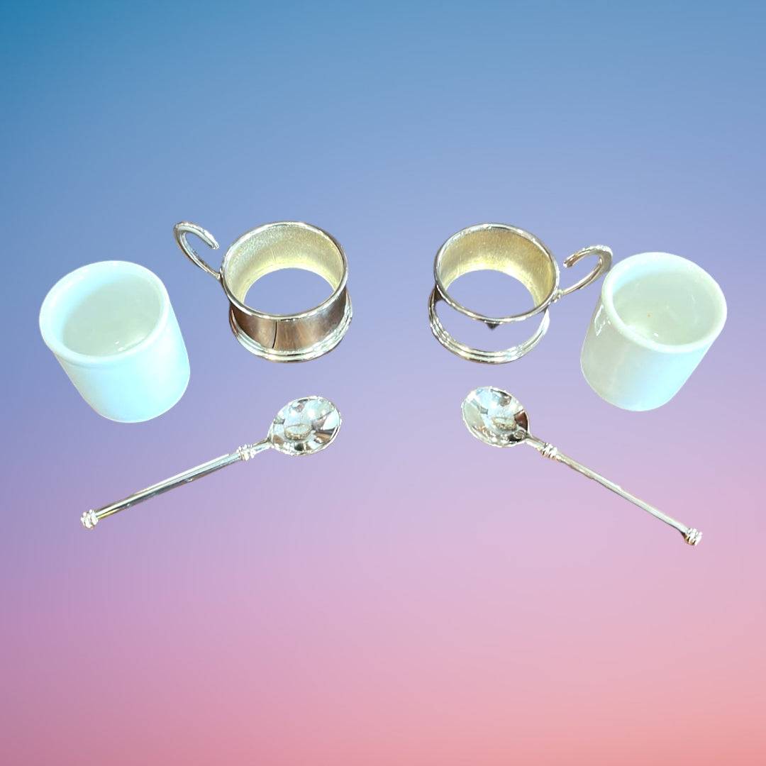 Juego de tazas de té Terno Siglo XX en acero y porcelana. - Cositas Antiguas – La Guadaña, Anticuarios Online en Jerez , vender antigüedades, muebles antiguos