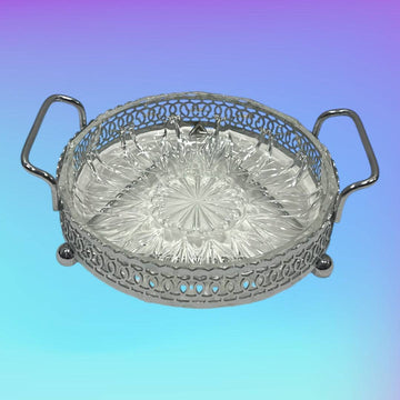 Entremesera de metal plateado y cristal con asas laterales - Cositas Antiguas – La Guadaña, Anticuarios Online en Jerez , vender antigüedades, muebles antiguos