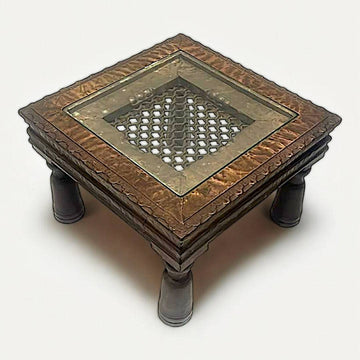 Mesa de Centro Baja de Madera y Metal con Reja India - Cositas Antiguas – La Guadaña, Anticuarios Online en Jerez , vender antigüedades, muebles antiguos