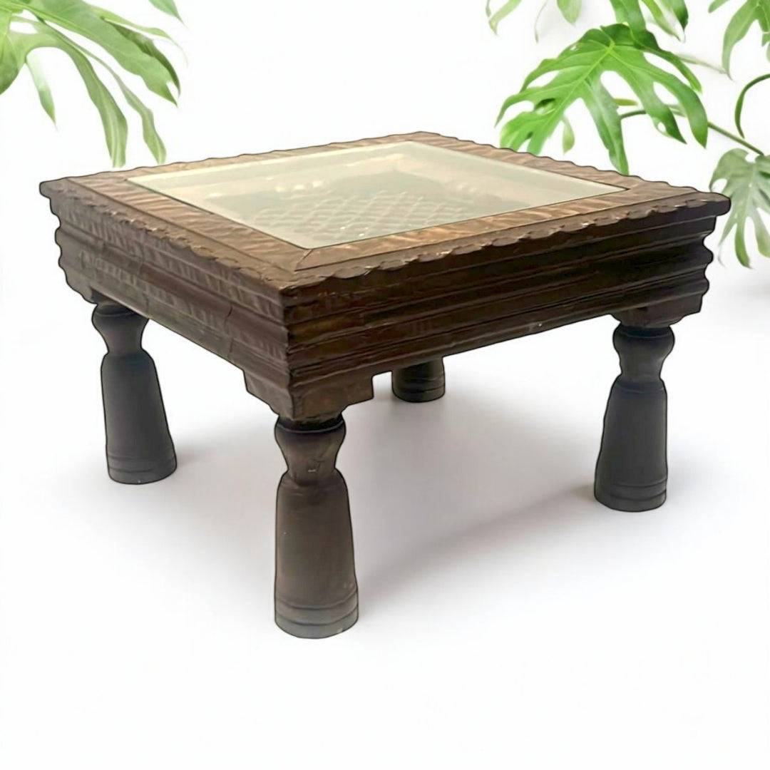 Mesa de Centro Baja de Madera y Metal con Reja India - Cositas Antiguas – La Guadaña, Anticuarios Online en Jerez , vender antigüedades, muebles antiguos