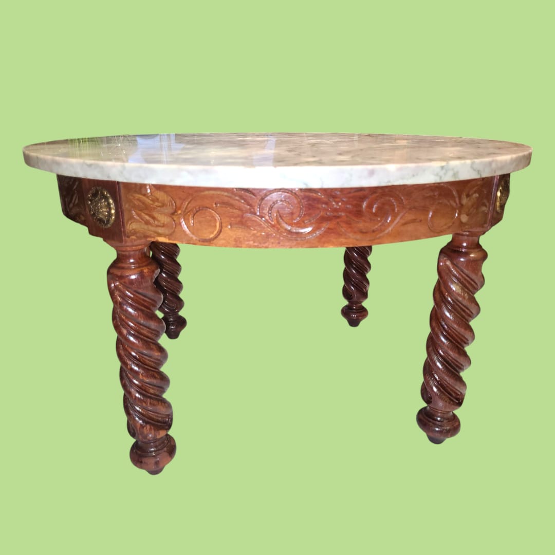 Mesa baja redonda de madera tallada con tapa de mármol - Cositas Antiguas – La Guadaña, Anticuarios Online en Jerez , vender antigüedades, muebles antiguos