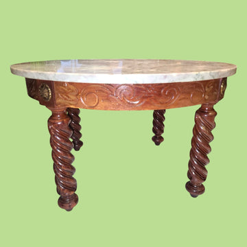 Mesa baja redonda de madera tallada con tapa de mármol - Cositas Antiguas – La Guadaña, Anticuarios Online en Jerez , vender antigüedades, muebles antiguos
