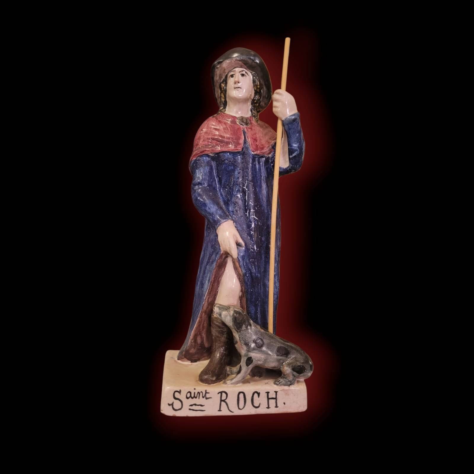 Figura San Roque de terracota esmaltada y pintada a mano - Cositas Antiguas – La Guadaña, Anticuarios Online en Jerez , vender antigüedades, muebles antiguos