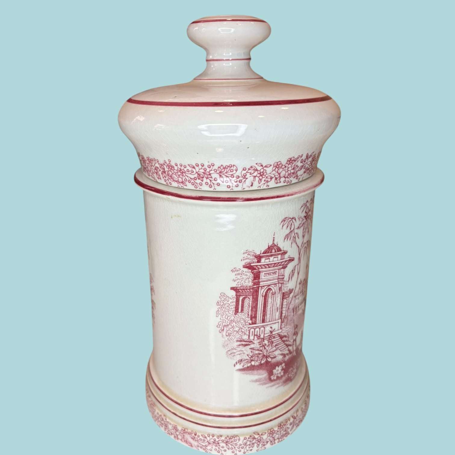 Albarelo de loza La Cartuja de Sevilla Pickman en rojo decorativo - Cositas Antiguas – La Guadaña, Anticuarios Online en Jerez , vender antigüedades, muebles antiguos