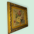 Cuadro óleo floral sobre textil con marco dorado - Cositas Antiguas – La Guadaña, Anticuarios Online en Jerez , vender antigüedades, muebles antiguos