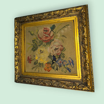 Cuadro óleo floral sobre textil con marco dorado - Cositas Antiguas – La Guadaña, Anticuarios Online en Jerez , vender antigüedades, muebles antiguos