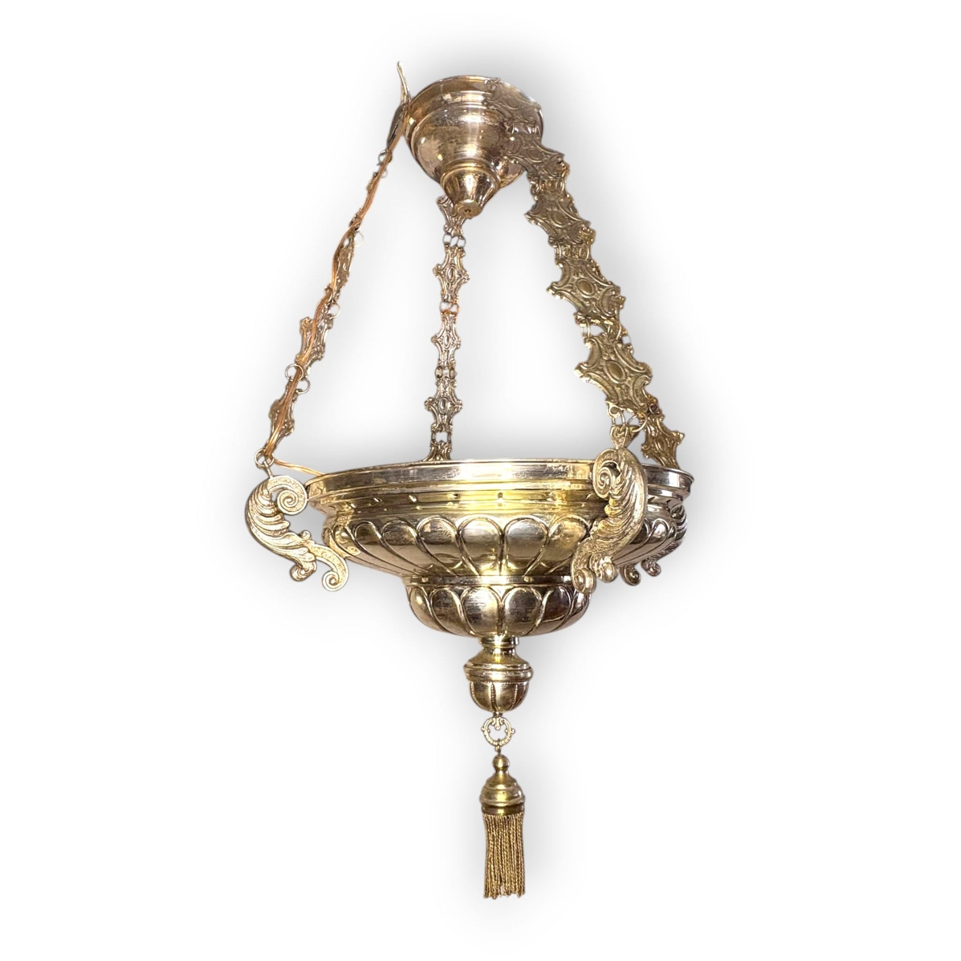Lámpara votiva antigua de techo en metal decorativo - Cositas Antiguas – La Guadaña, Anticuarios Online en Jerez , vender antigüedades, muebles antiguos