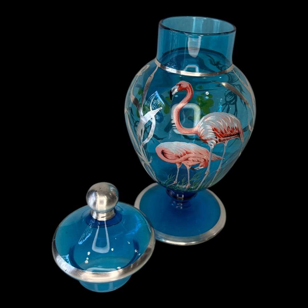 Tibor de cristal azul con flamencos decoración elegante - Cositas Antiguas – La Guadaña, Anticuarios Online en Jerez , vender antigüedades, muebles antiguos