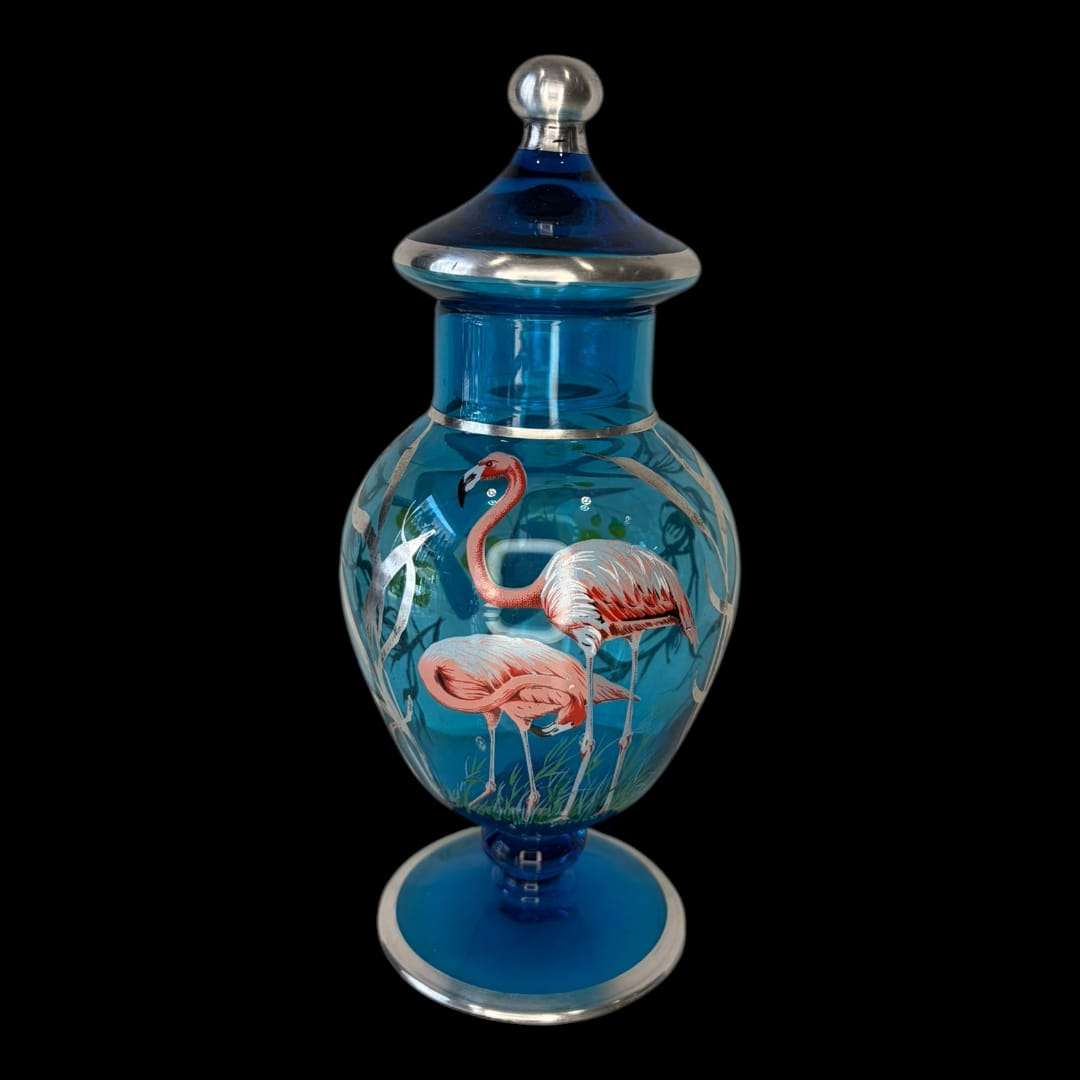 Tibor de cristal azul con flamencos decoración elegante - Cositas Antiguas – La Guadaña, Anticuarios Online en Jerez , vender antigüedades, muebles antiguos