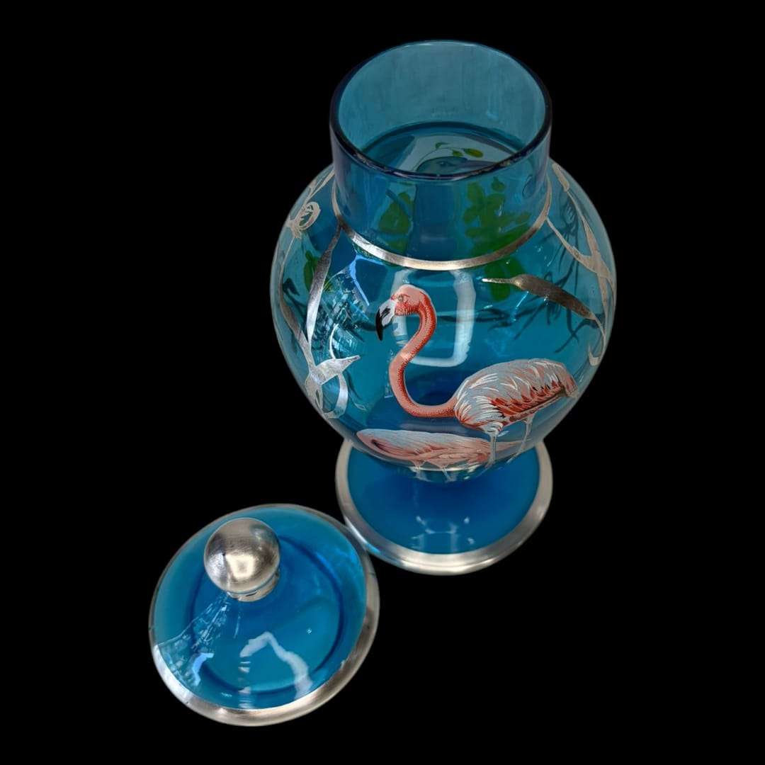 Tibor de cristal azul con flamencos decoración elegante - Cositas Antiguas – La Guadaña, Anticuarios Online en Jerez , vender antigüedades, muebles antiguos
