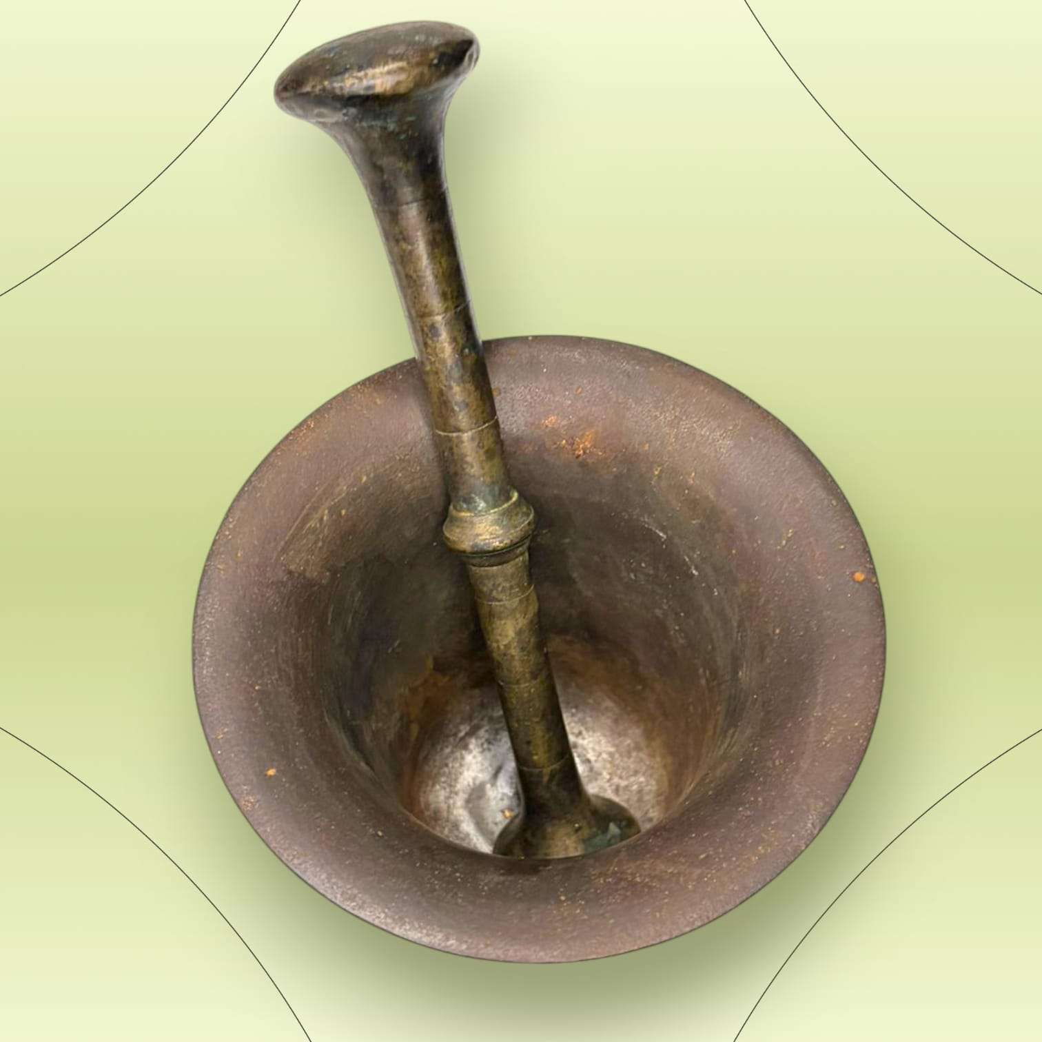 Mortero antiguo de bronce con maja y pátina original - Cositas Antiguas – La Guadaña, Anticuarios Online en Jerez , vender antigüedades, muebles antiguos