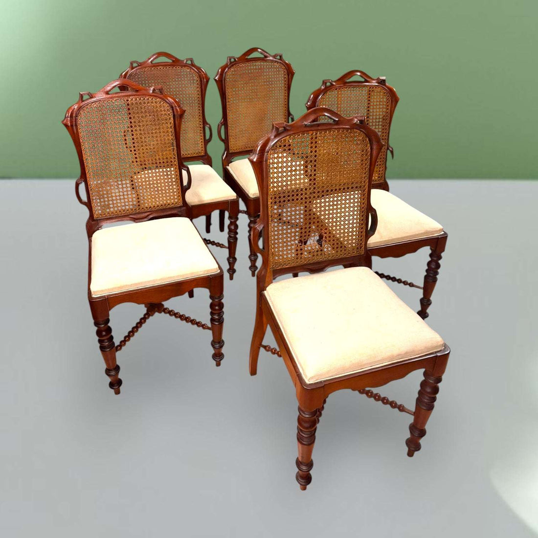 Sillas Luis Felipe de caoba con ratán y tela clara - Cositas Antiguas – La Guadaña, Anticuarios Online en Jerez , vender antigüedades, muebles antiguos