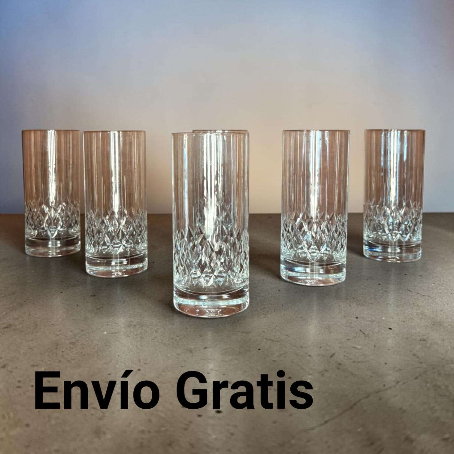 Lote de 6 vasos largos de cristal tallado elegantes - Cositas Antiguas – La Guadaña, Anticuarios Online en Jerez , vender antigüedades, muebles antiguos