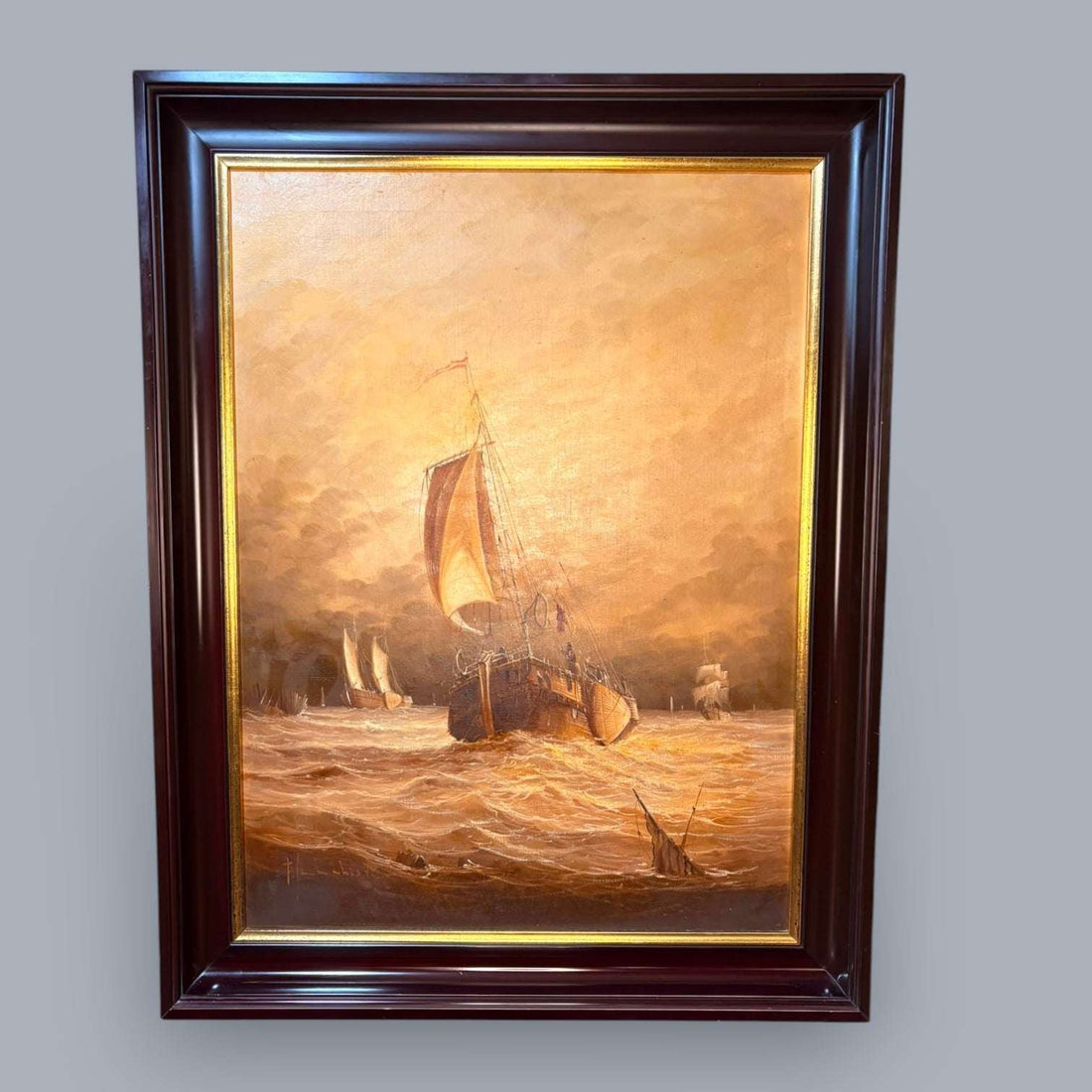 Cuadro al óleo de marina con barcos y firma - Cositas Antiguas – La Guadaña, Anticuarios Online en Jerez , vender antigüedades, muebles antiguos