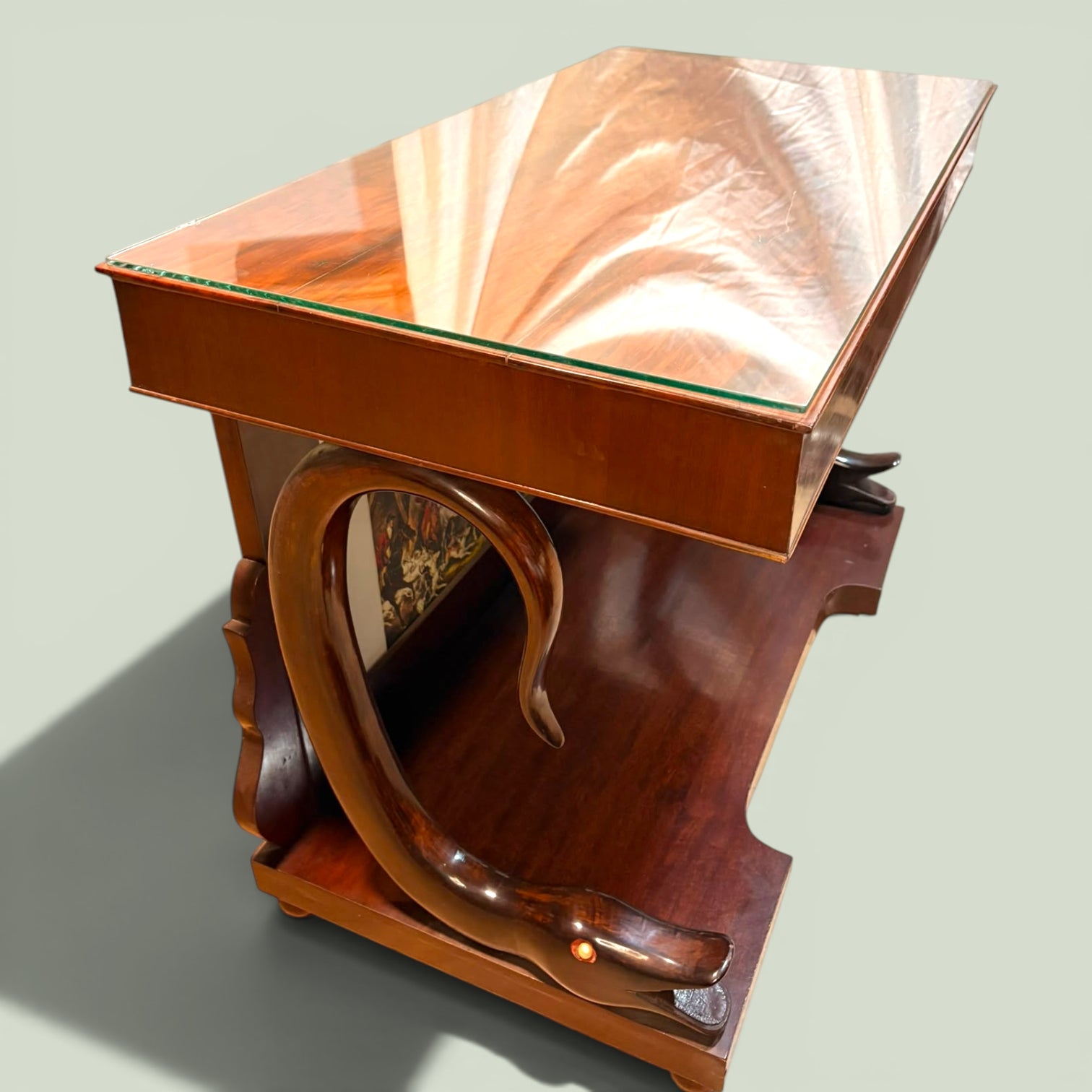 Consola antigua de caoba con cristal y escena de caza - Cositas Antiguas – La Guadaña, Anticuarios Online en Jerez , vender antigüedades, muebles antiguos