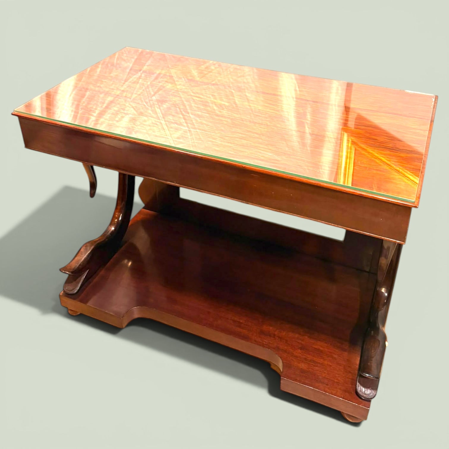 Consola antigua de caoba con cristal y escena de caza - Cositas Antiguas – La Guadaña, Anticuarios Online en Jerez , vender antigüedades, muebles antiguos