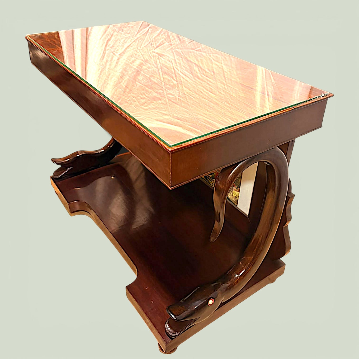 Consola antigua de caoba con cristal y escena de caza - Cositas Antiguas – La Guadaña, Anticuarios Online en Jerez , vender antigüedades, muebles antiguos