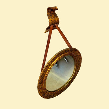Espejo dorado de pared años 80 con correa de cuero - Cositas Antiguas – La Guadaña, Anticuarios Online en Jerez , vender antigüedades, muebles antiguos