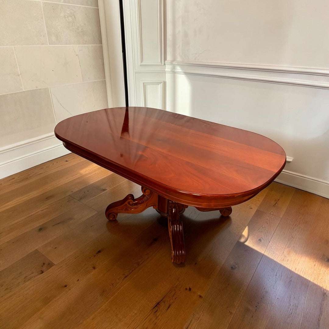 Mesa comedor de caoba clásica con pie central tallado - Cositas Antiguas – La Guadaña, Anticuarios Online en Jerez , vender antigüedades, muebles antiguos
