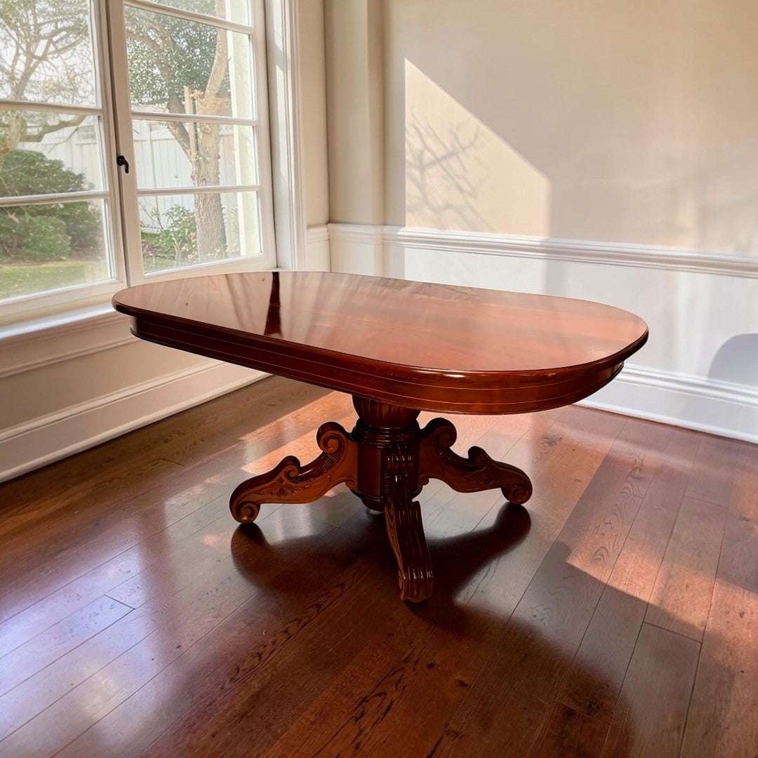 Mesa comedor de caoba clásica con pie central tallado - Cositas Antiguas – La Guadaña, Anticuarios Online en Jerez , vender antigüedades, muebles antiguos