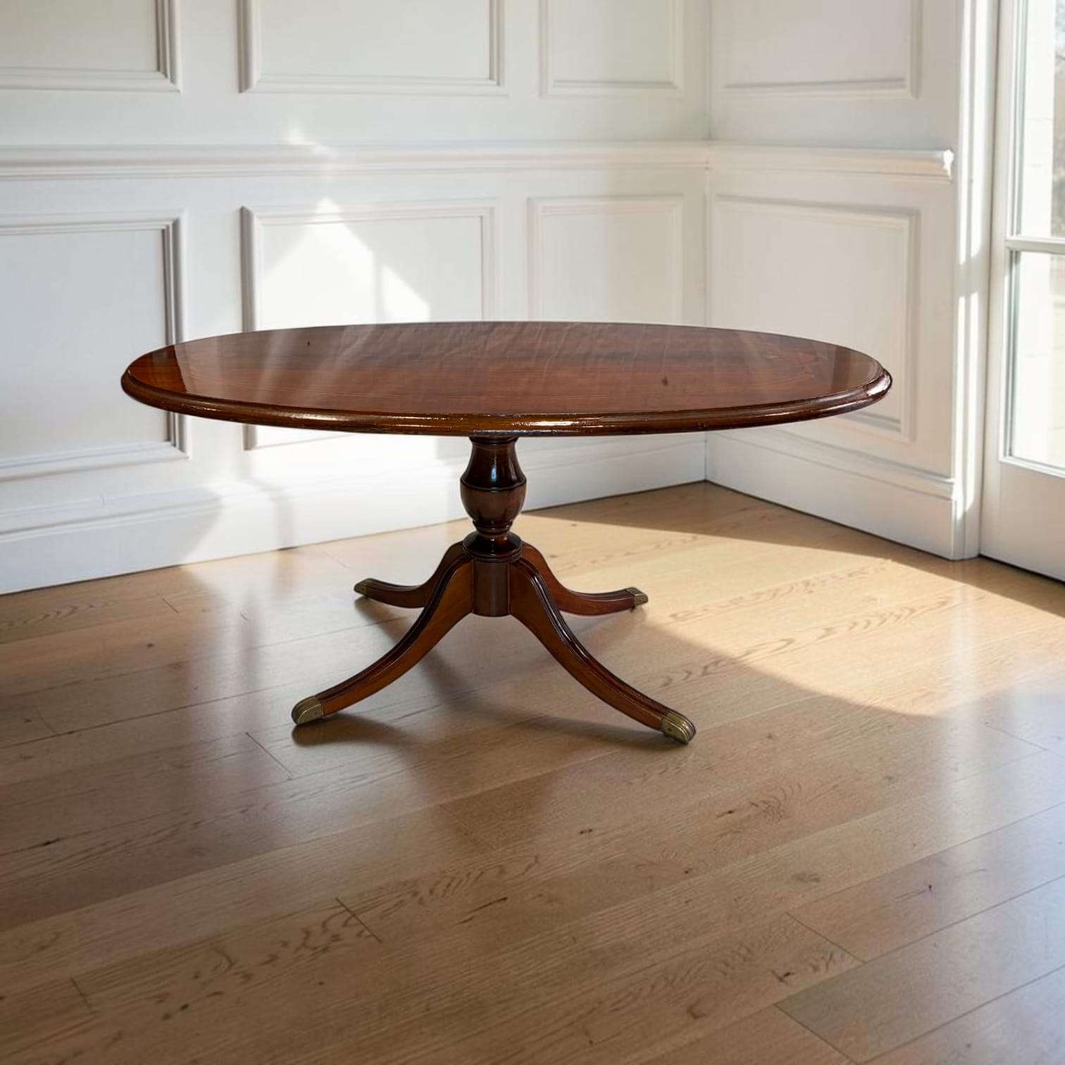 Mesa ovalada de madera con taracea estilo William Tillman - Cositas Antiguas – La Guadaña, Anticuarios Online en Jerez , vender antigüedades, muebles antiguos
