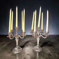 Pareja de candelabros de metal plateado de cinco luces - Cositas Antiguas – La Guadaña, Anticuarios Online en Jerez , vender antigüedades, muebles antiguos