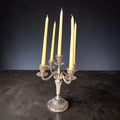 Pareja de candelabros de metal plateado de cinco luces - Cositas Antiguas – La Guadaña, Anticuarios Online en Jerez , vender antigüedades, muebles antiguos