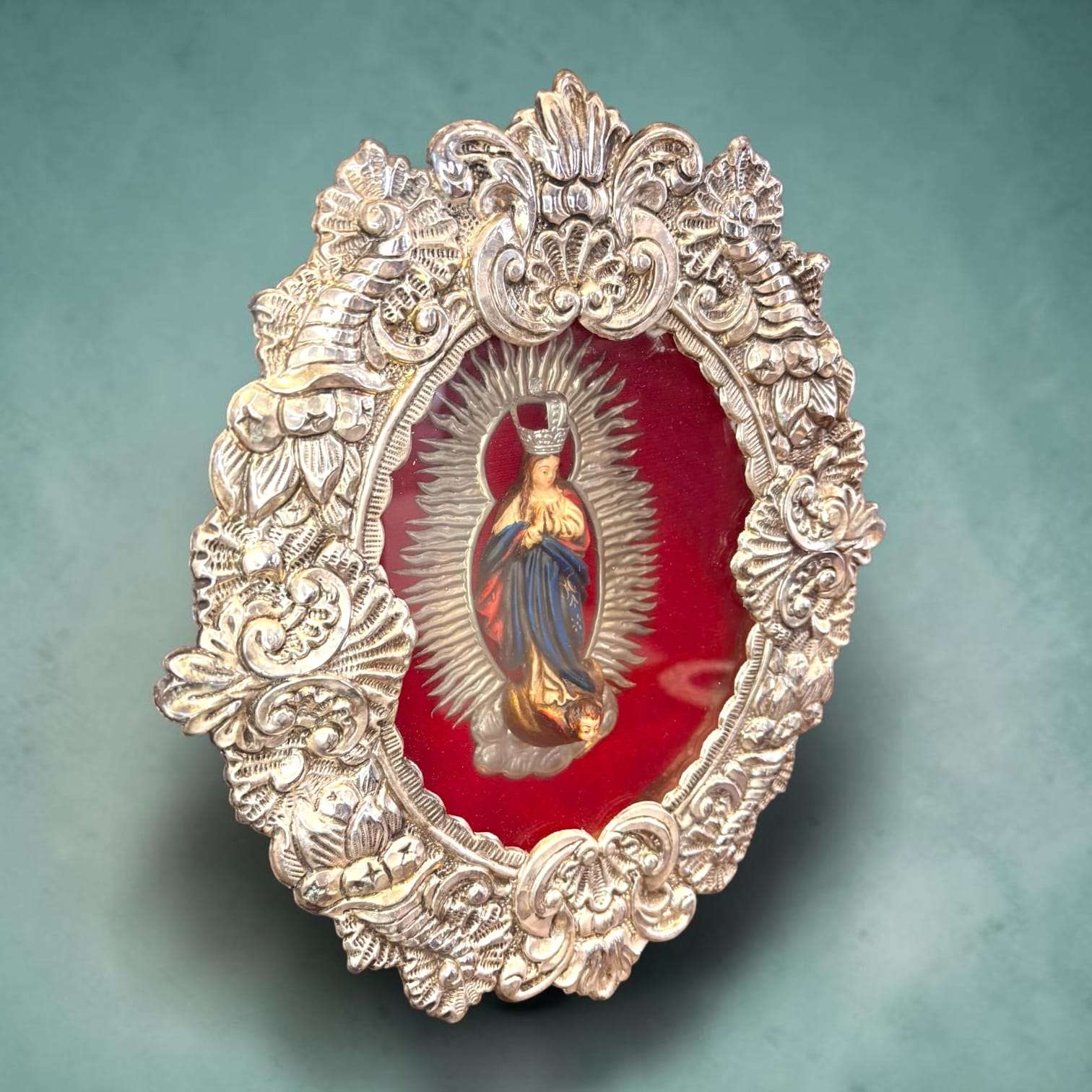 Relicario de la Inmaculada Concepción en metal plateado - Cositas Antiguas – La Guadaña, Anticuarios Online en Jerez , vende