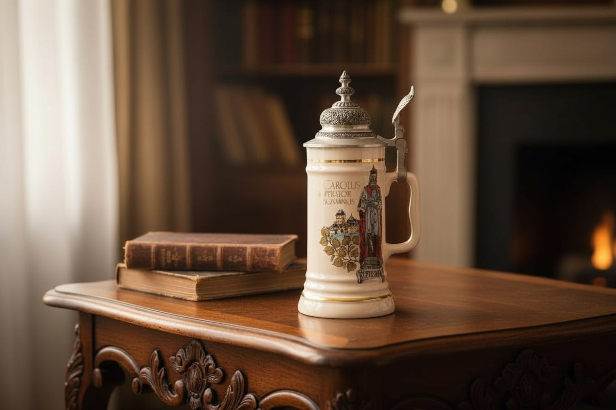 Jarra de cerveza alemana de porcelana con tapa metal - Cositas Antiguas – La Guadaña, Anticuarios Online en Jerez , vender antigüedades, muebles antiguos
