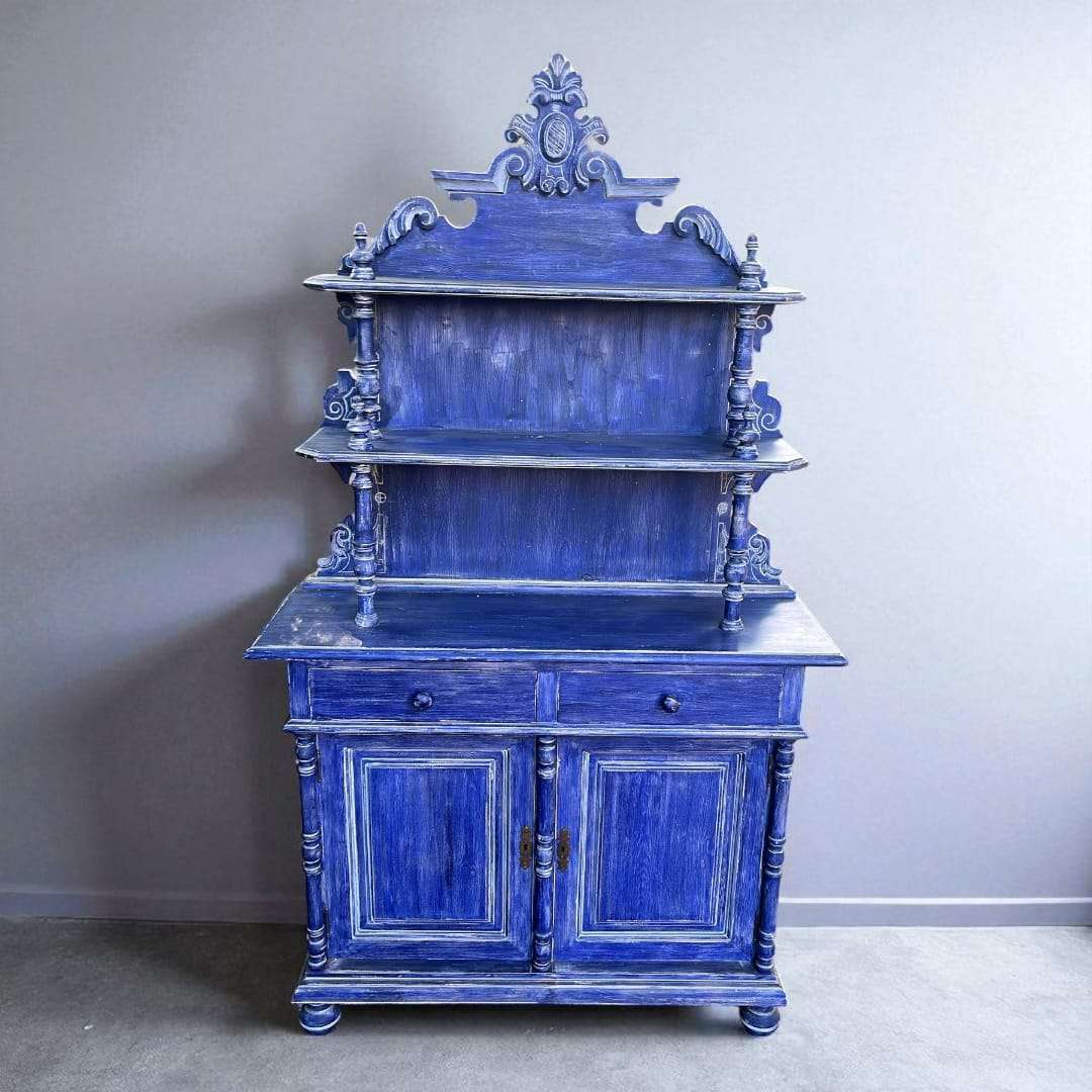 Aparador azul de madera con estantería y cajones único - Cositas Antiguas – La Guadaña, Anticuarios Online en Jerez , vender antigüedades, muebles antiguos