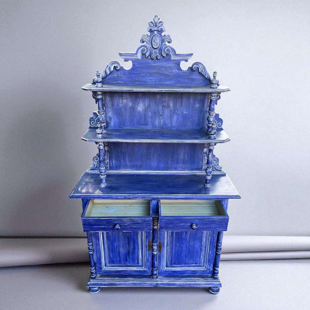 Aparador azul de madera con estantería y cajones único - Cositas Antiguas – La Guadaña, Anticuarios Online en Jerez , vender antigüedades, muebles antiguos