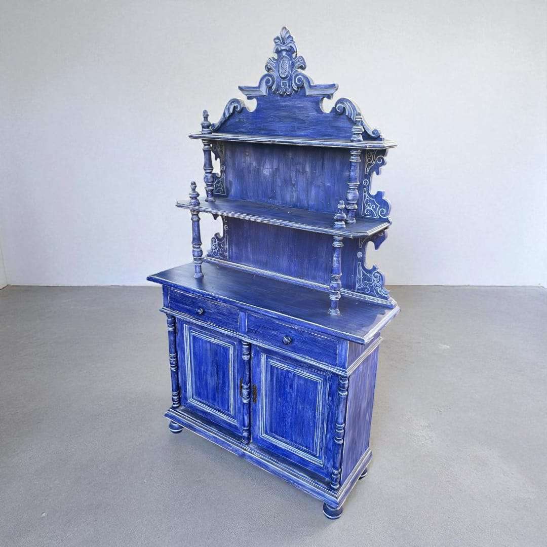 Aparador azul de madera con estantería y cajones único - Cositas Antiguas – La Guadaña, Anticuarios Online en Jerez , vender antigüedades, muebles antiguos