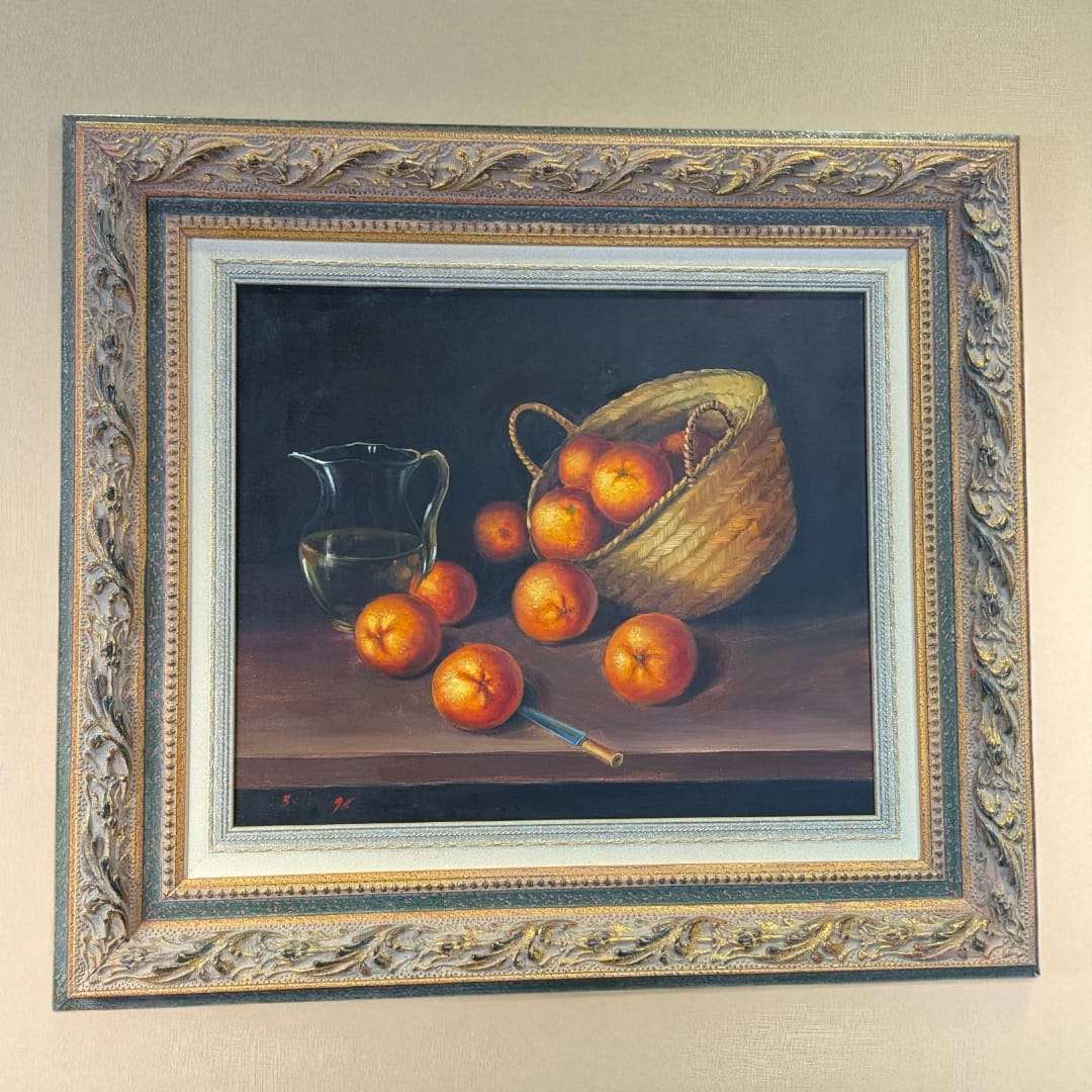 Oleo bodegón Belti 96 con canasta de naranjas enmarcado - Cositas Antiguas – La Guadaña, Anticuarios Online en Jerez , vender antigüedades, muebles antiguos