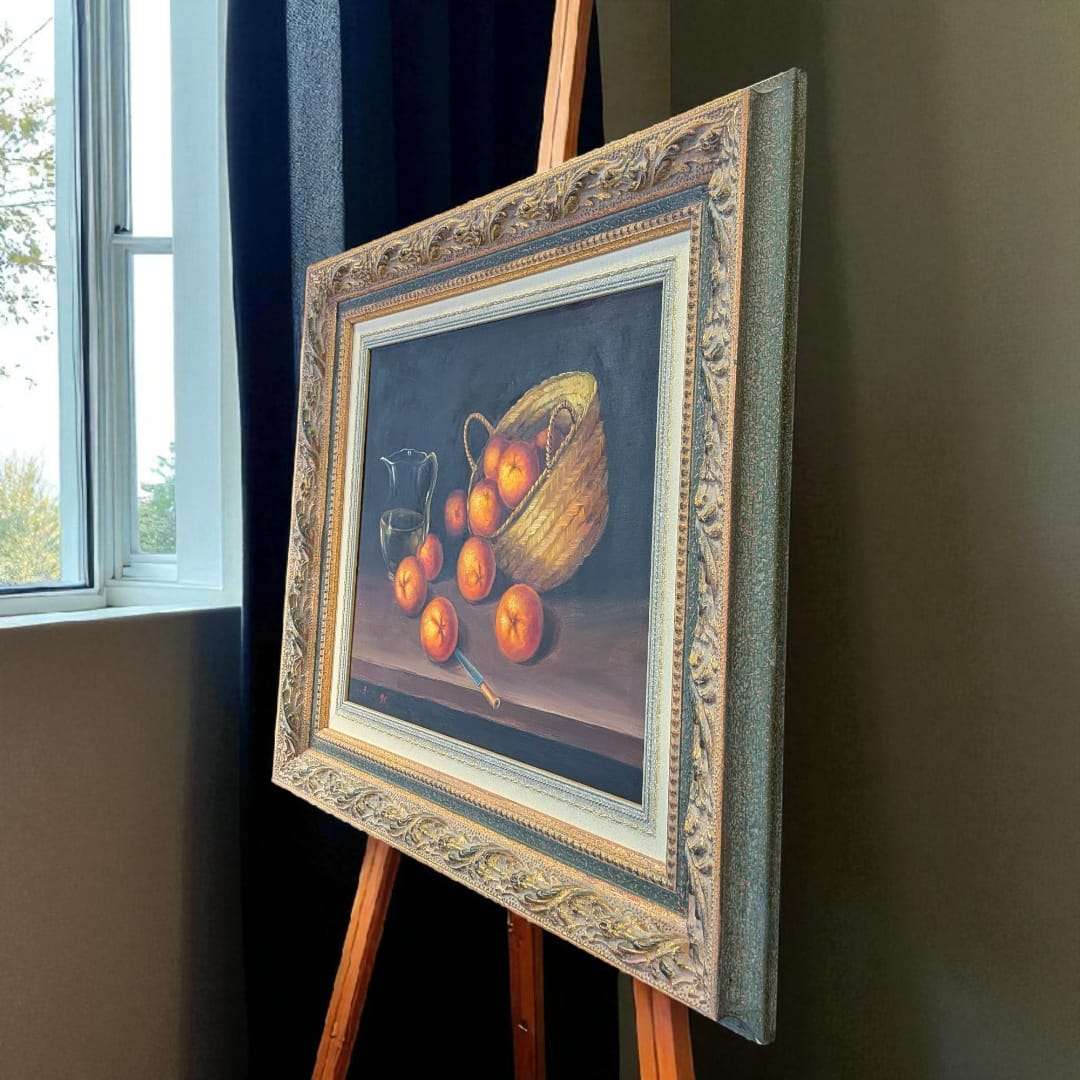 Oleo bodegón Belti 96 con canasta de naranjas enmarcado - Cositas Antiguas – La Guadaña, Anticuarios Online en Jerez , vender antigüedades, muebles antiguos