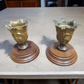 Candeleros de bronce con base de madera tallada antigua - Cositas Antiguas – La Guadaña, Anticuarios Online en Jerez , vender antigüedades, muebles antiguos