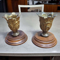 Candeleros de bronce con base de madera tallada antigua - Cositas Antiguas – La Guadaña, Anticuarios Online en Jerez , vender antigüedades, muebles antiguos