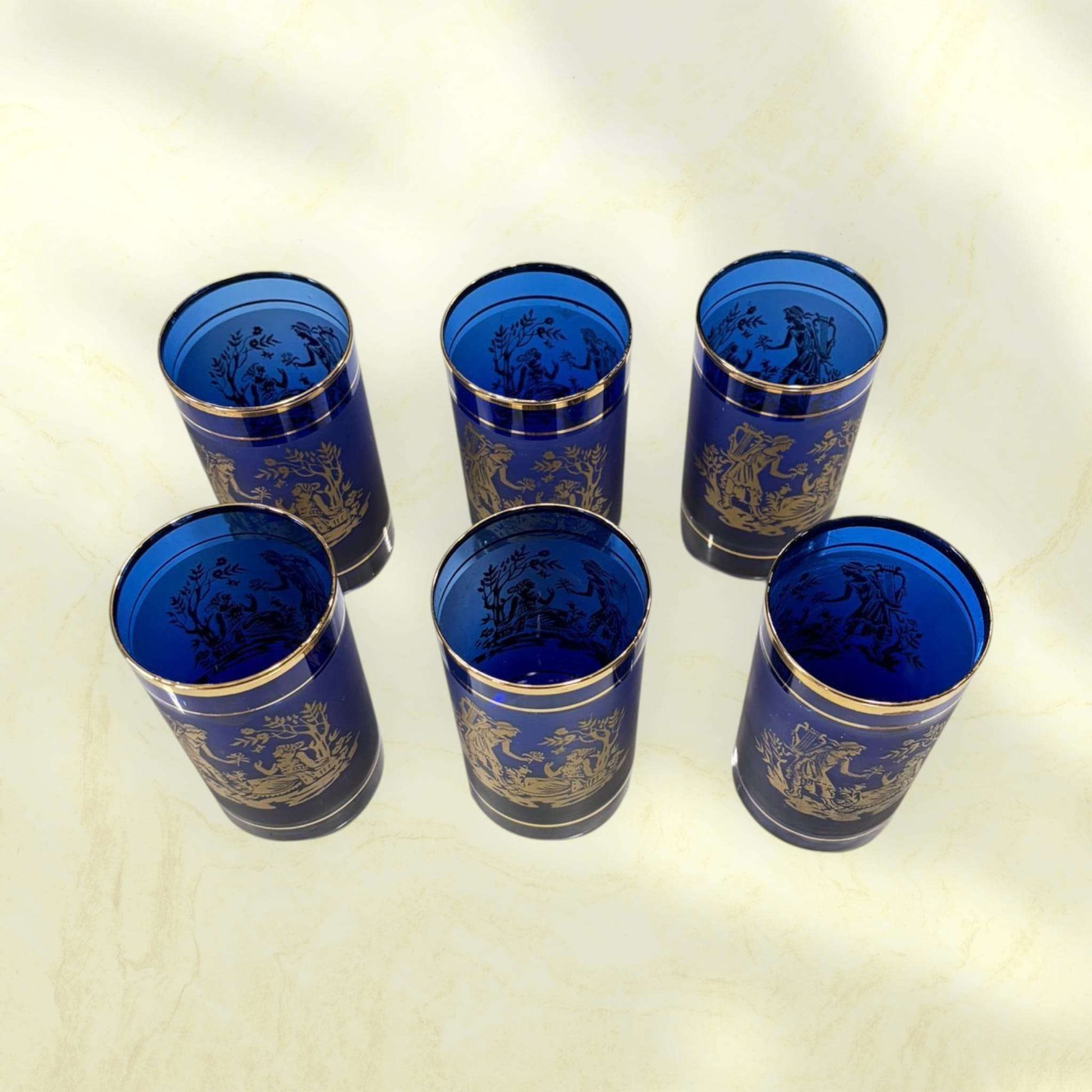 Set de cristal cobalto con detalles dorados – lujo - Cositas Antiguas – La Guadaña, Anticuarios Online en Jerez , vender antigüedades, muebles antiguos