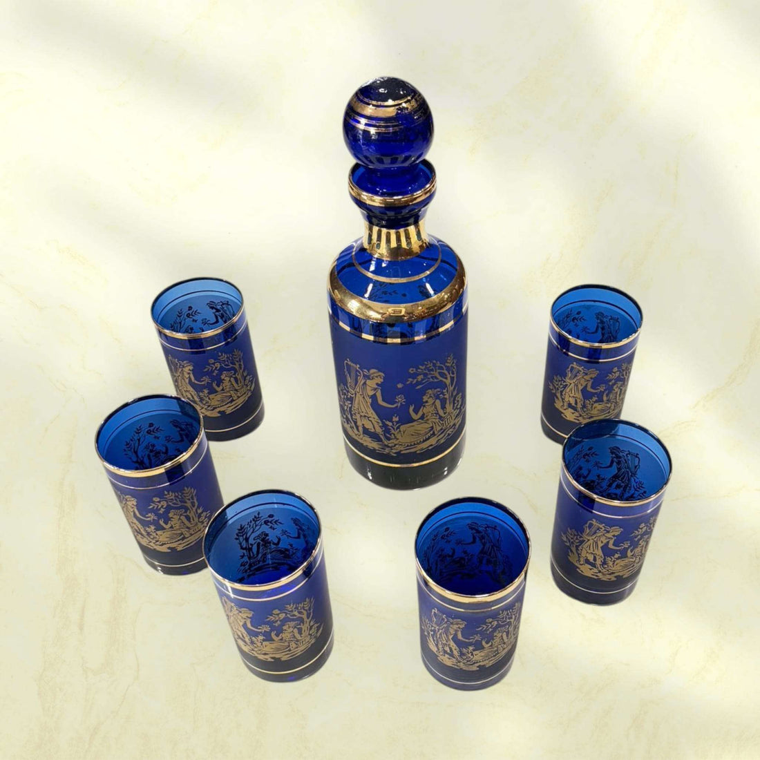 Set de cristal cobalto con detalles dorados – lujo - Cositas Antiguas – La Guadaña, Anticuarios Online en Jerez , vender antigüedades, muebles antiguos