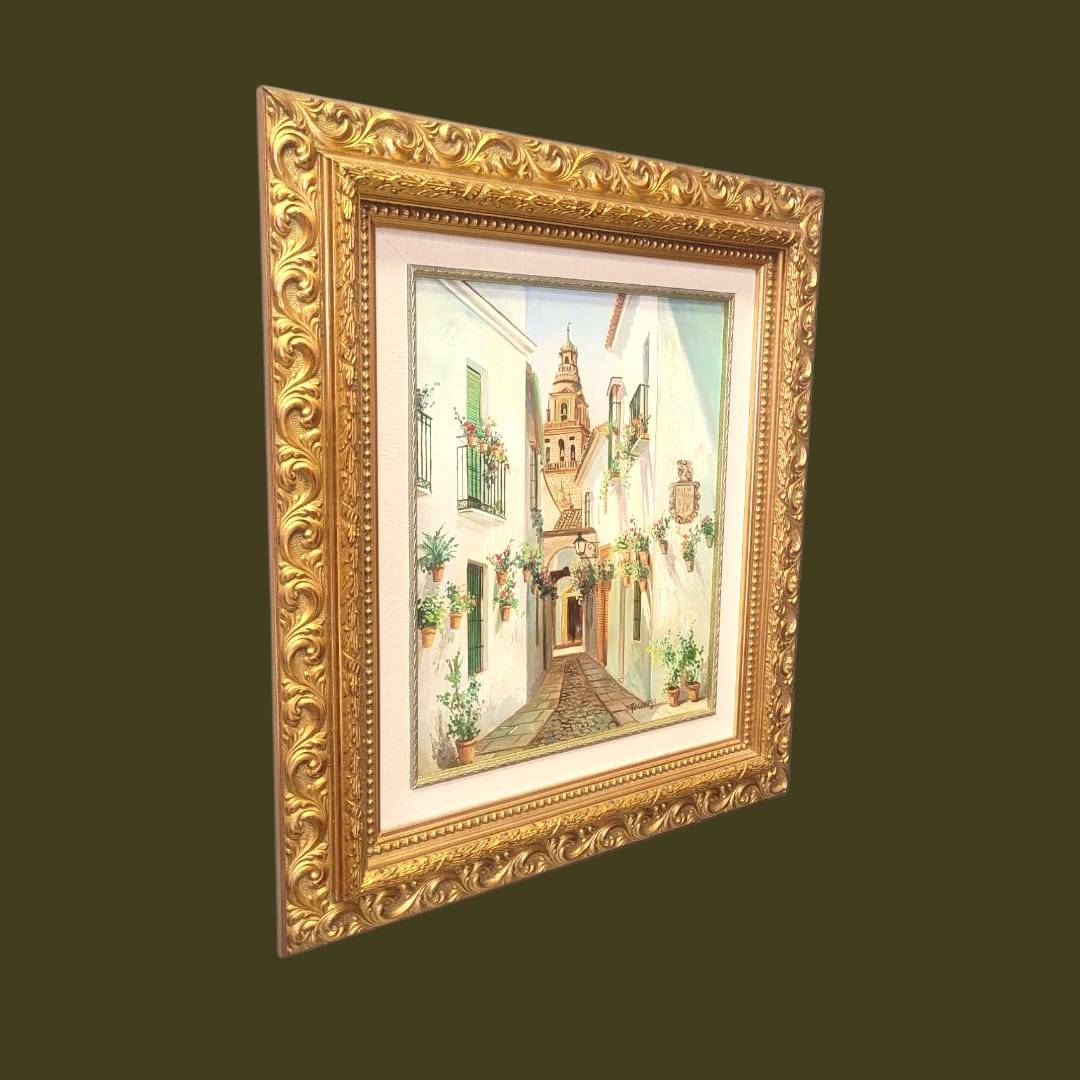 Cuadro al óleo Retamero – Calle típica andaluza con flores - Cositas Antiguas – La Guadaña, Anticuarios Online en Jerez , vender antigüedades, muebles antiguos