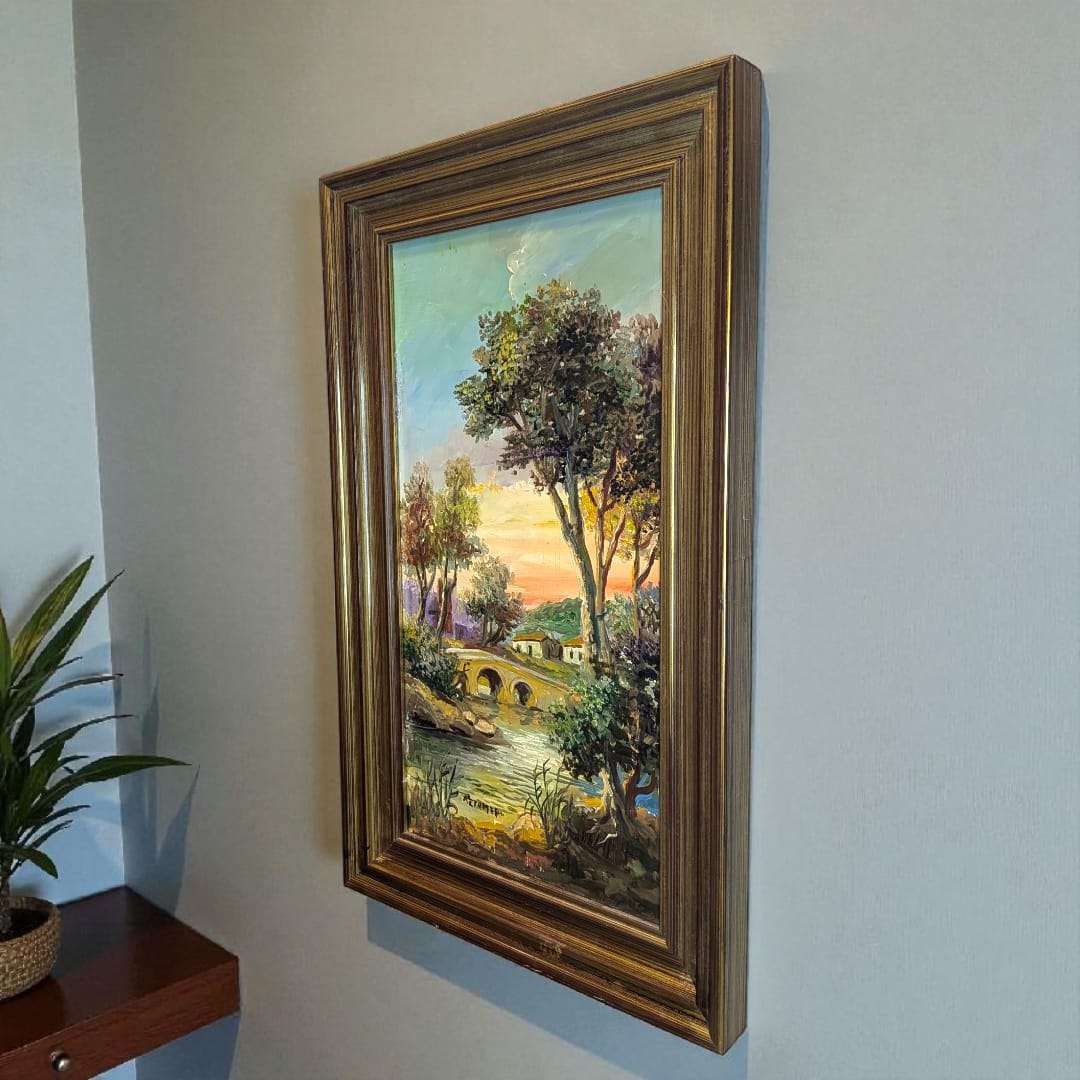 Cuadro de Retamero al óleo, paisaje con puente y río - Cositas Antiguas – La Guadaña, Anticuarios Online en Jerez , vender antigüedades, muebles antiguos