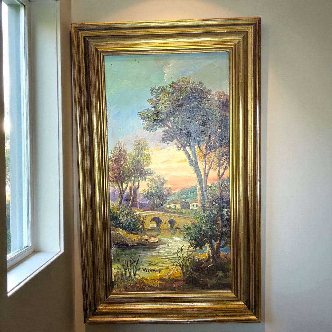 Cuadro de Retamero al óleo, paisaje con puente y río - Cositas Antiguas – La Guadaña, Anticuarios Online en Jerez , vender antigüedades, muebles antiguos