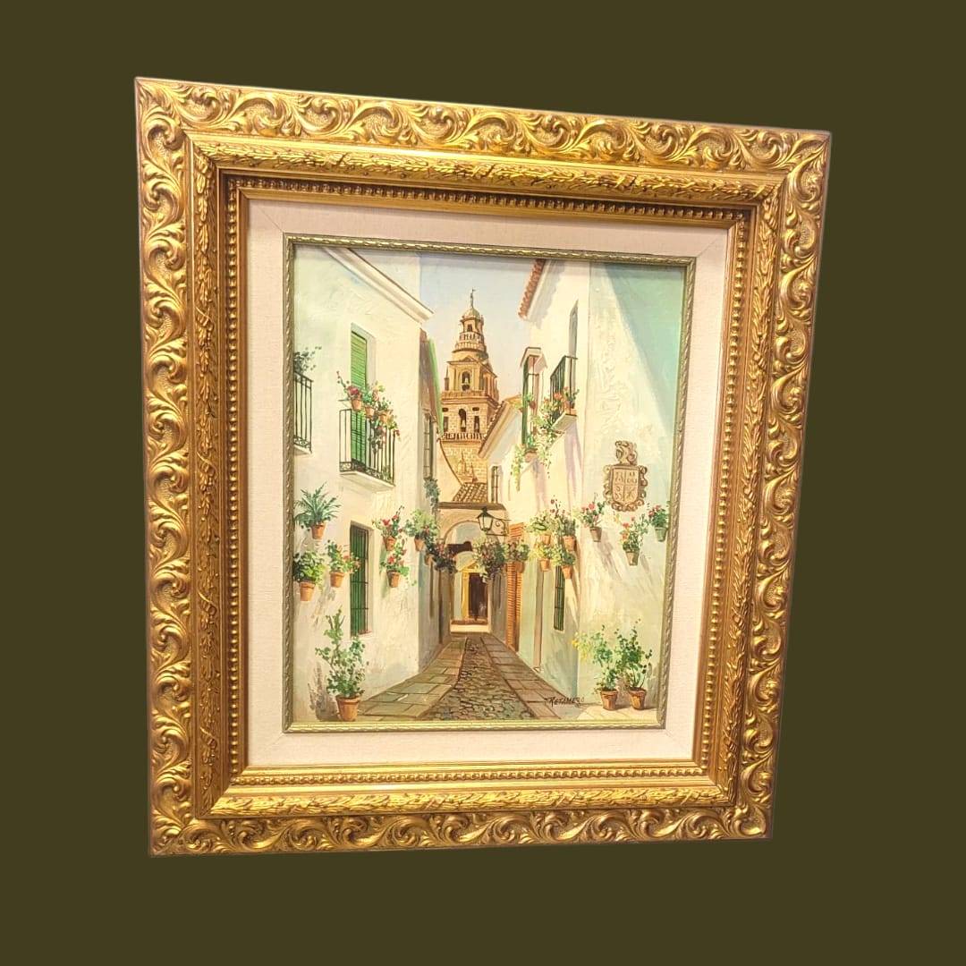Cuadro al óleo Retamero – Calle típica andaluza con flores - Cositas Antiguas – La Guadaña, Anticuarios Online en Jerez , vender antigüedades, muebles antiguos